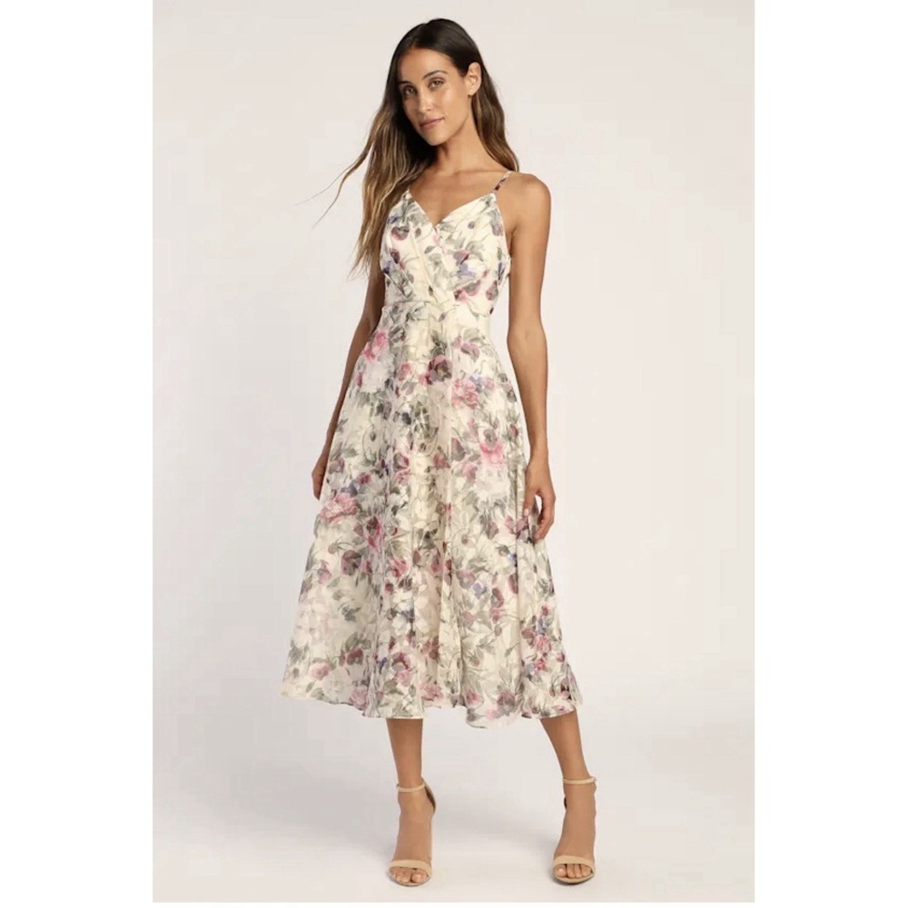 Lulus Sense of Chic Cream Floral Print Burnout A-Line Midi Dress Sz Small